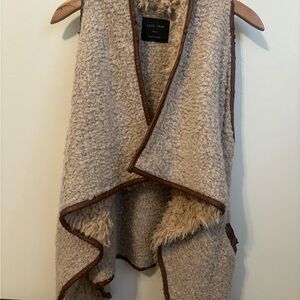 Love Tree Cream Faux Shearling Vest with Brown Trim